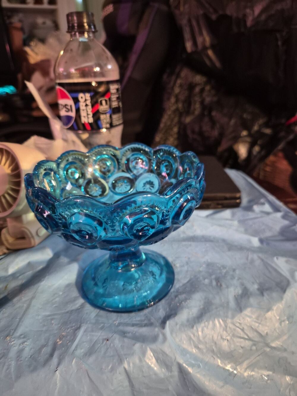 Vintage LE Smith Blue Moon and Stars Glass Pedestal Compote Candy Dish 4 in